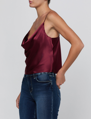 Side view of L’AGENCE Calista Cowl Neck Cami in Merlot Red
