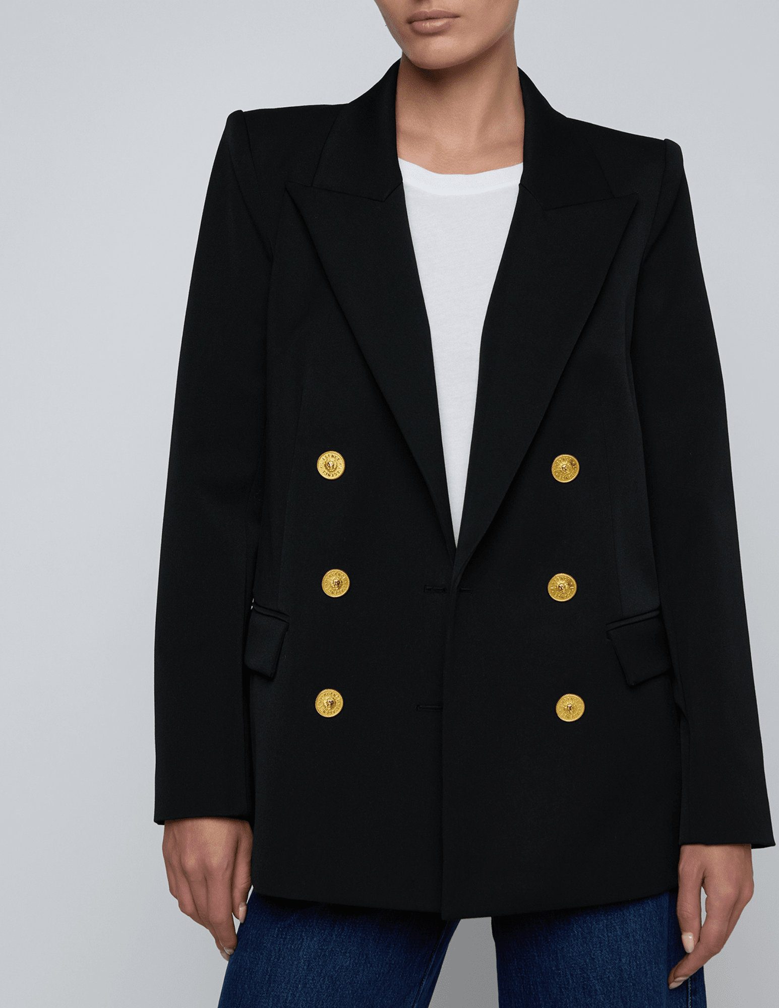 Front view of L’AGENCE Cambrie Oversized Double Breasted Blazer in Black.