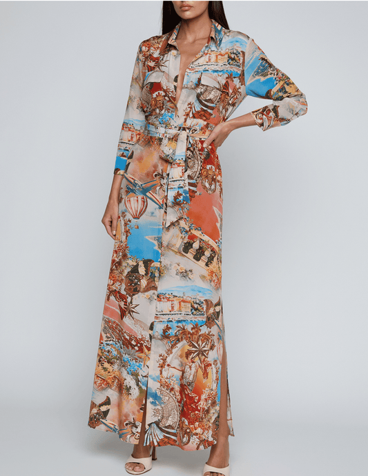 Front view of multi-print L’AGENCE Cameron long shirt dress