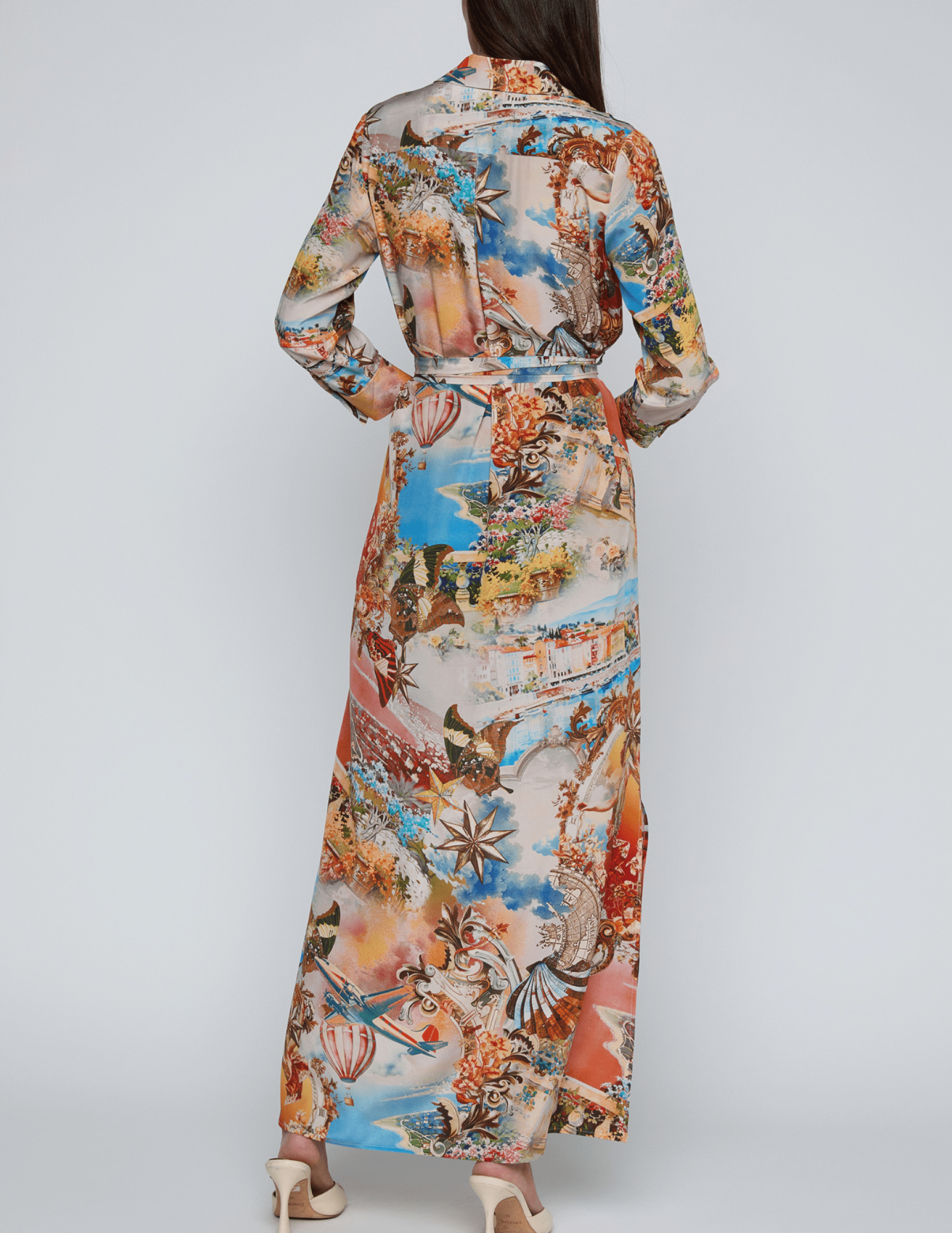Back view of multi-print L’AGENCE Cameron long shirt dress