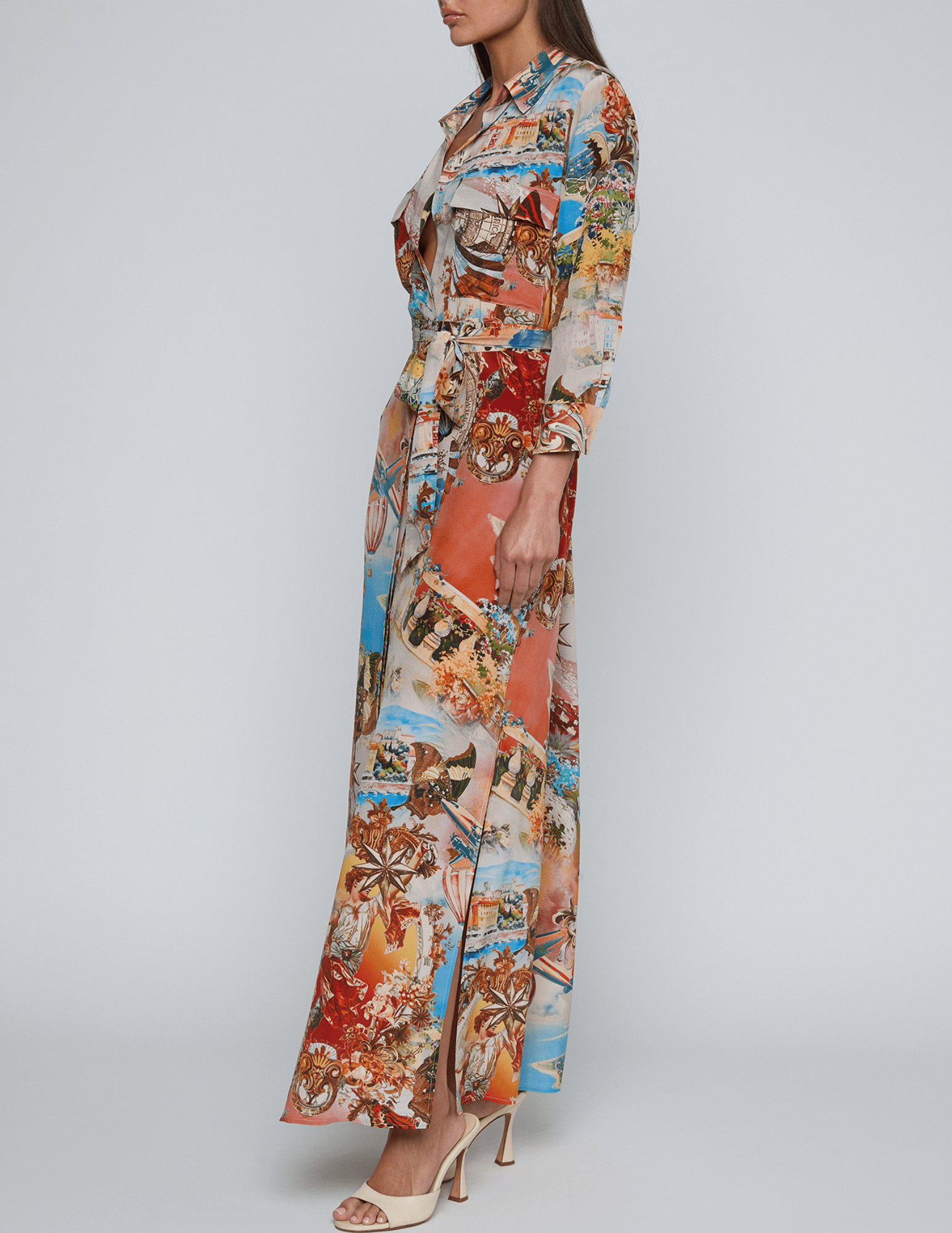Side view of multi-print L’AGENCE Cameron long shirt dress