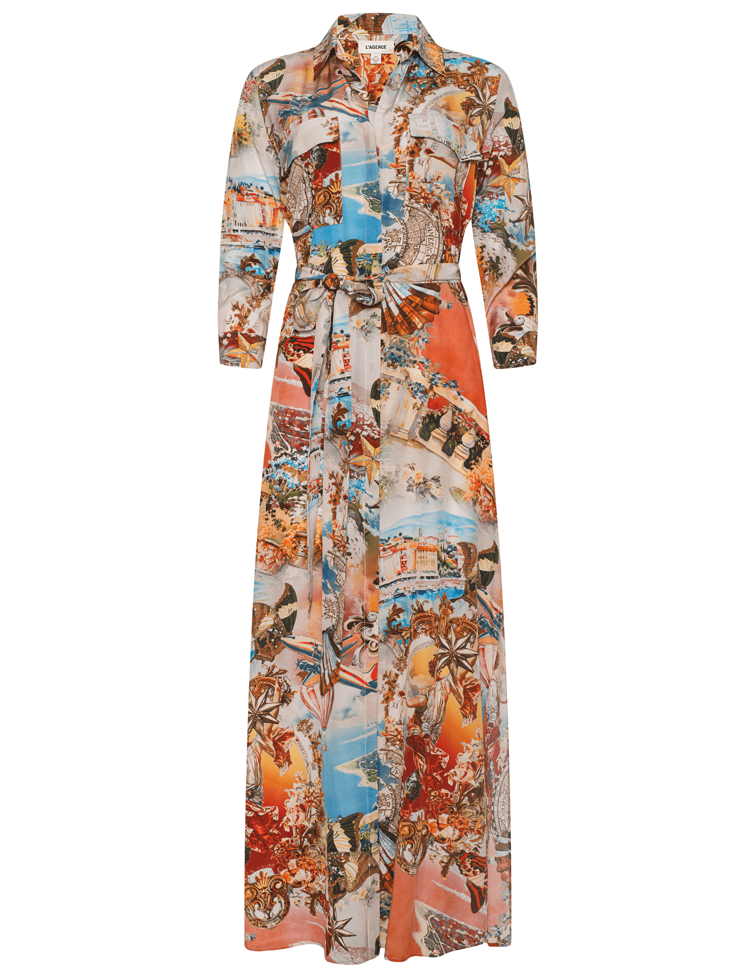 L’AGENCE Cameron Long Shirt Dress in Multi Large Collage print front view
