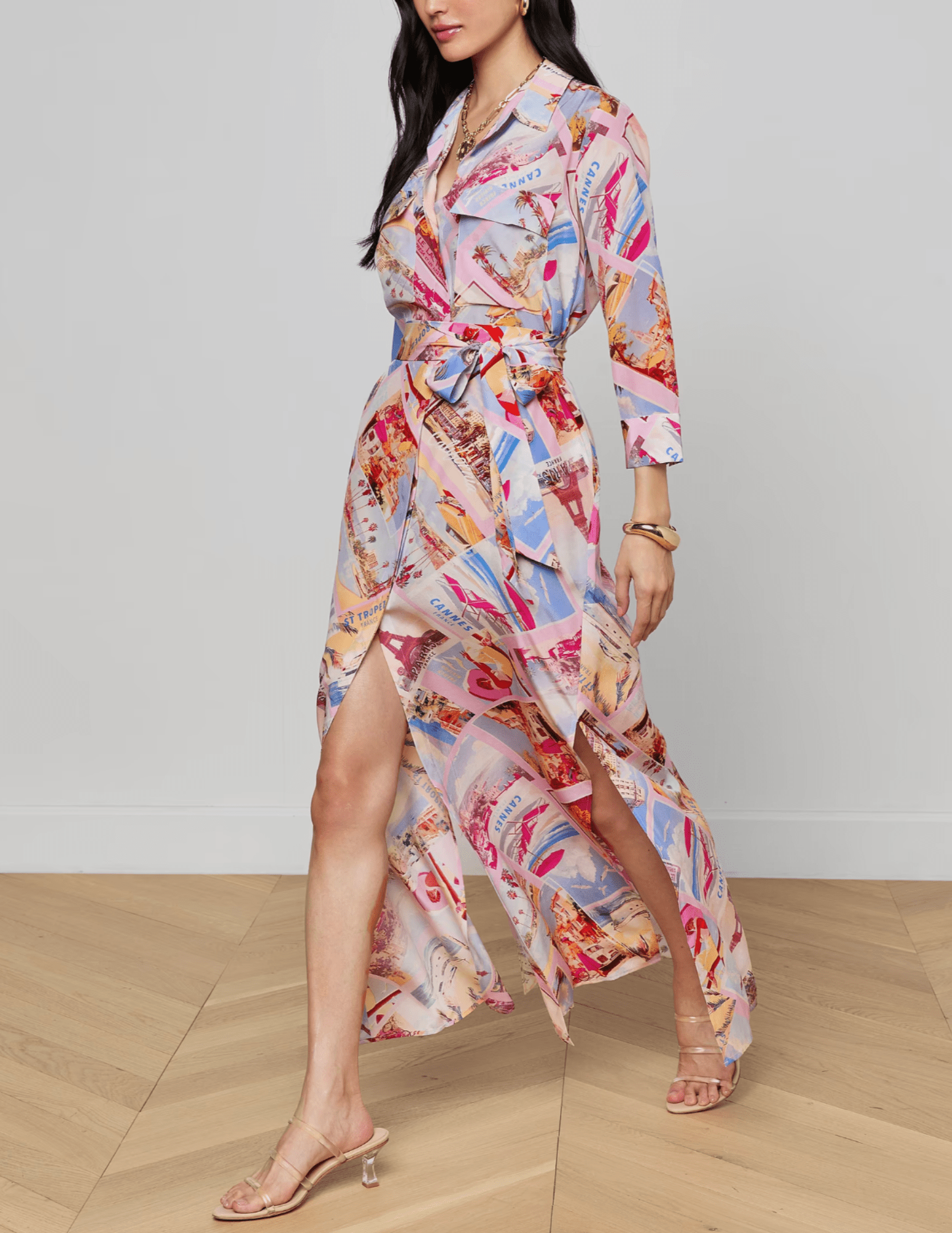 Side view of LAgence Cameron silk shirt dress in pink postcard print
