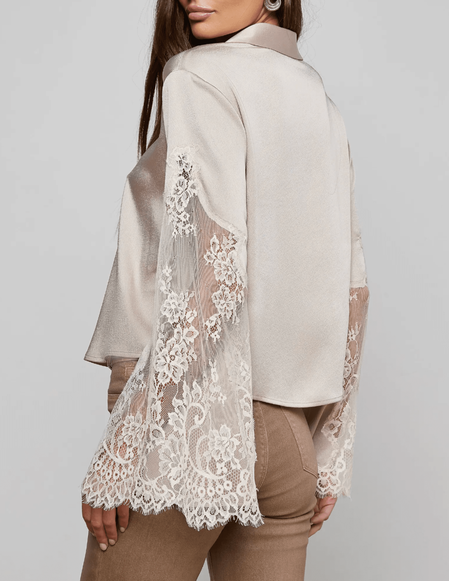 Back view of L’AGENCE Capri lace sleeve blouse in feather grey