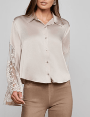 L’AGENCE Capri lace sleeve blouse in feather grey front view