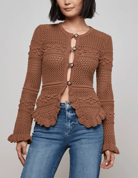 L’AGENCE Kiva open-stitch ruffle cardigan in dark cinnamon front view