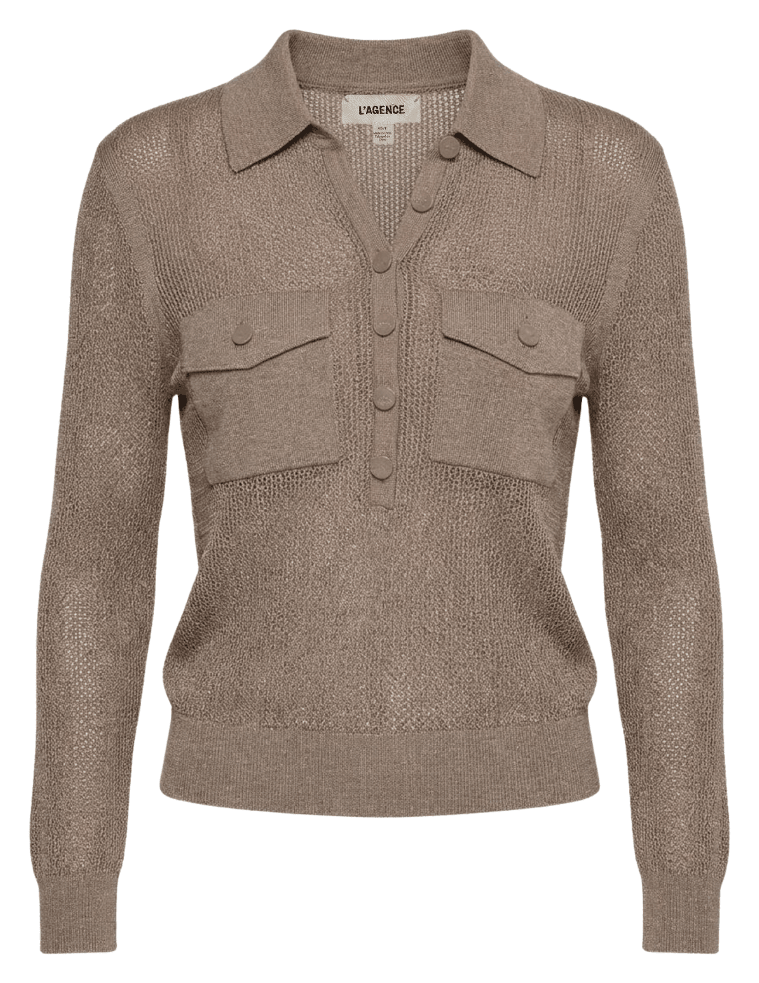 L’AGENCE Carine pointelle sweater in mushroom with collar and button placket