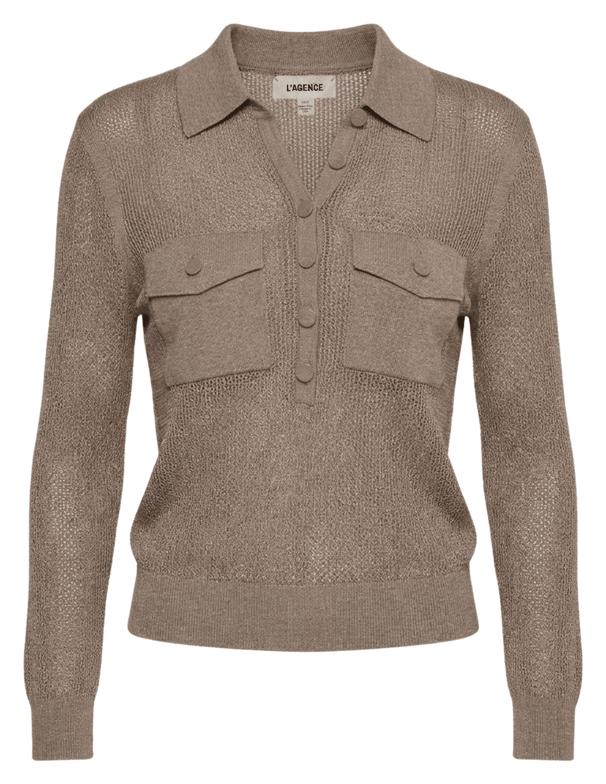 L’AGENCE Carine pointelle sweater in mushroom with collar and button placket
