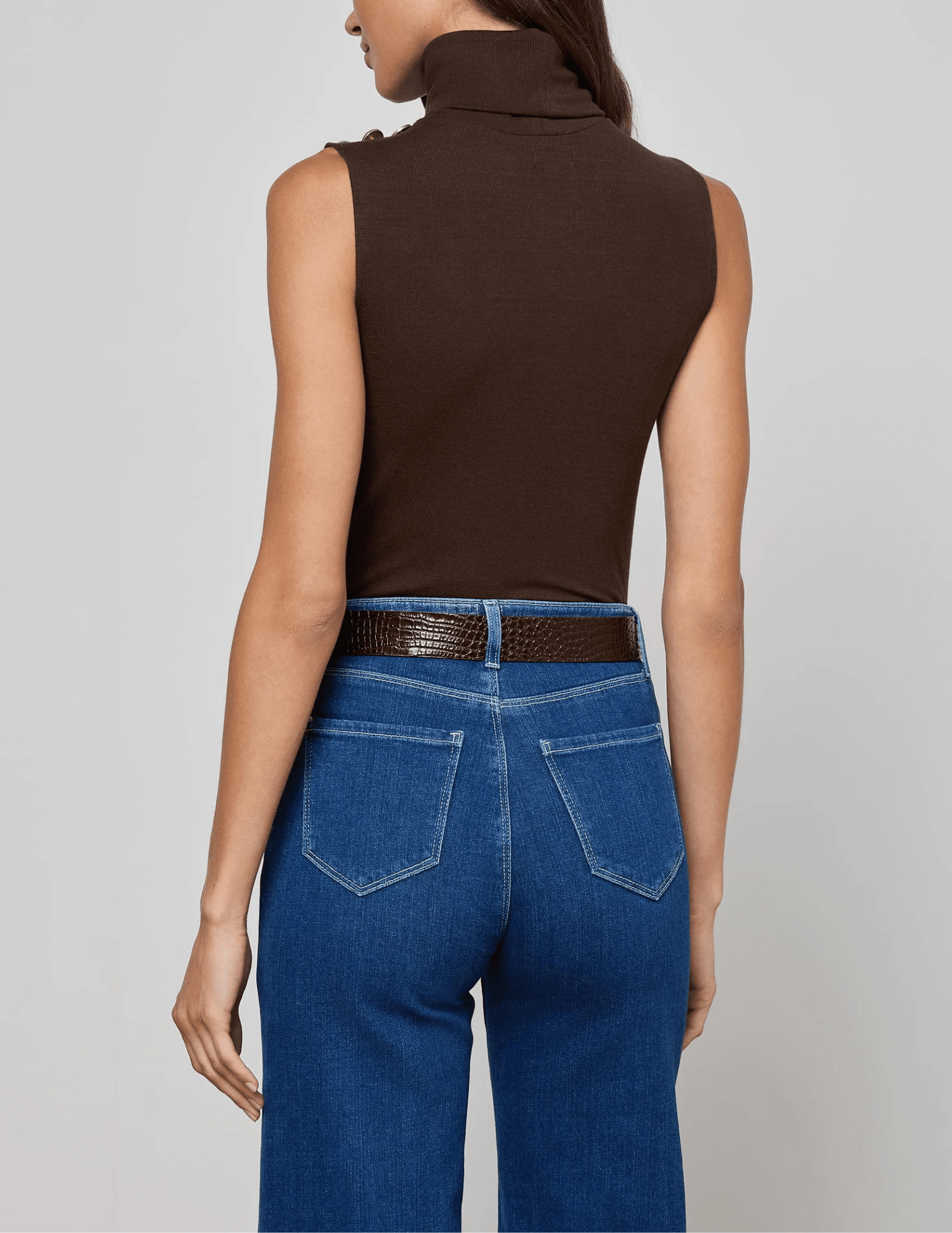 Back view of L’AGENCE Ceci Sleeveless Button Turtleneck Tank in Coffee Bean