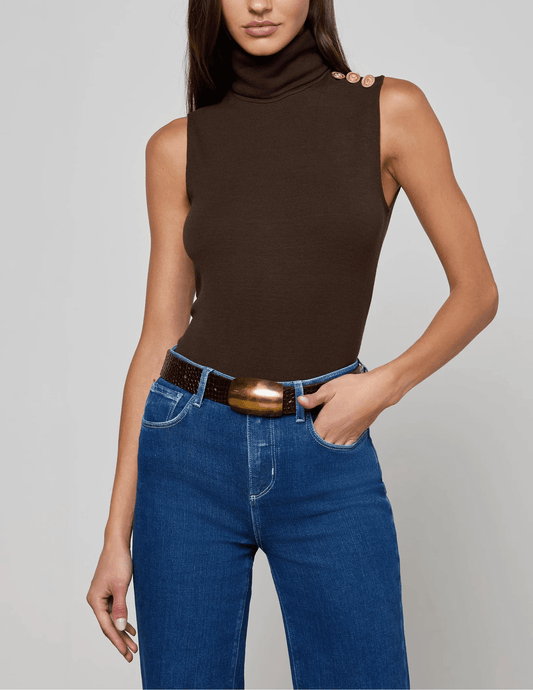 Front view of L’AGENCE Ceci Sleeveless Button Turtleneck Tank in Coffee Bean