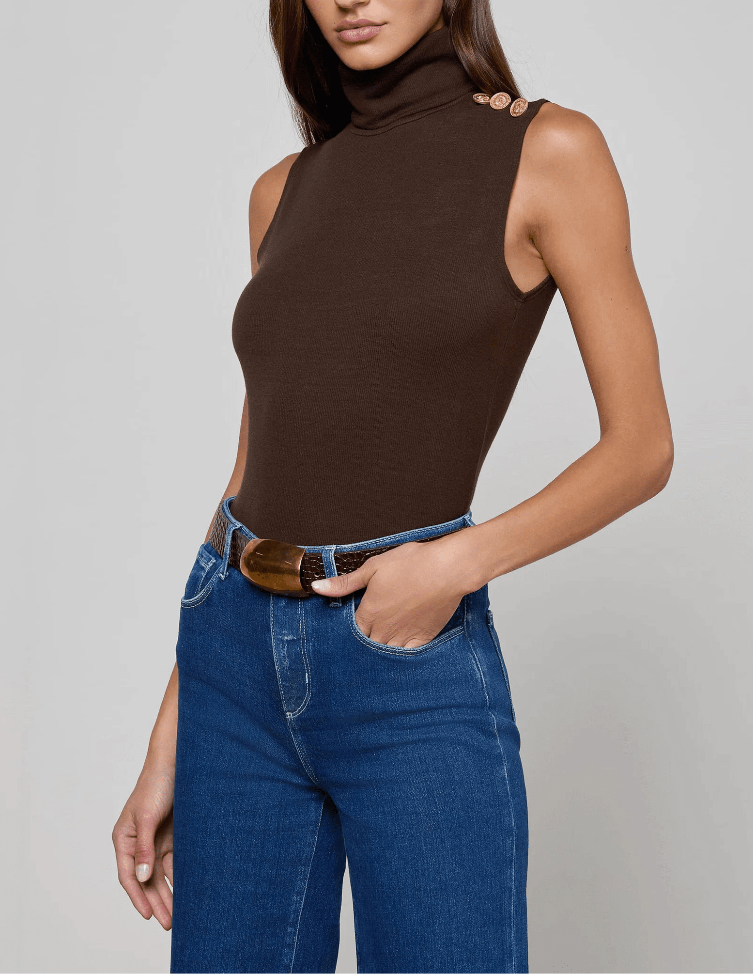 Side view of L’AGENCE Ceci Sleeveless Button Turtleneck Tank in Coffee Bean