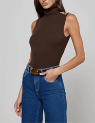 Side view of L’AGENCE Ceci Sleeveless Button Turtleneck Tank in Coffee Bean