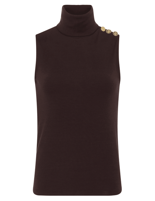 L’AGENCE Ceci Sleeveless Button Turtleneck Tank in Coffee Bean