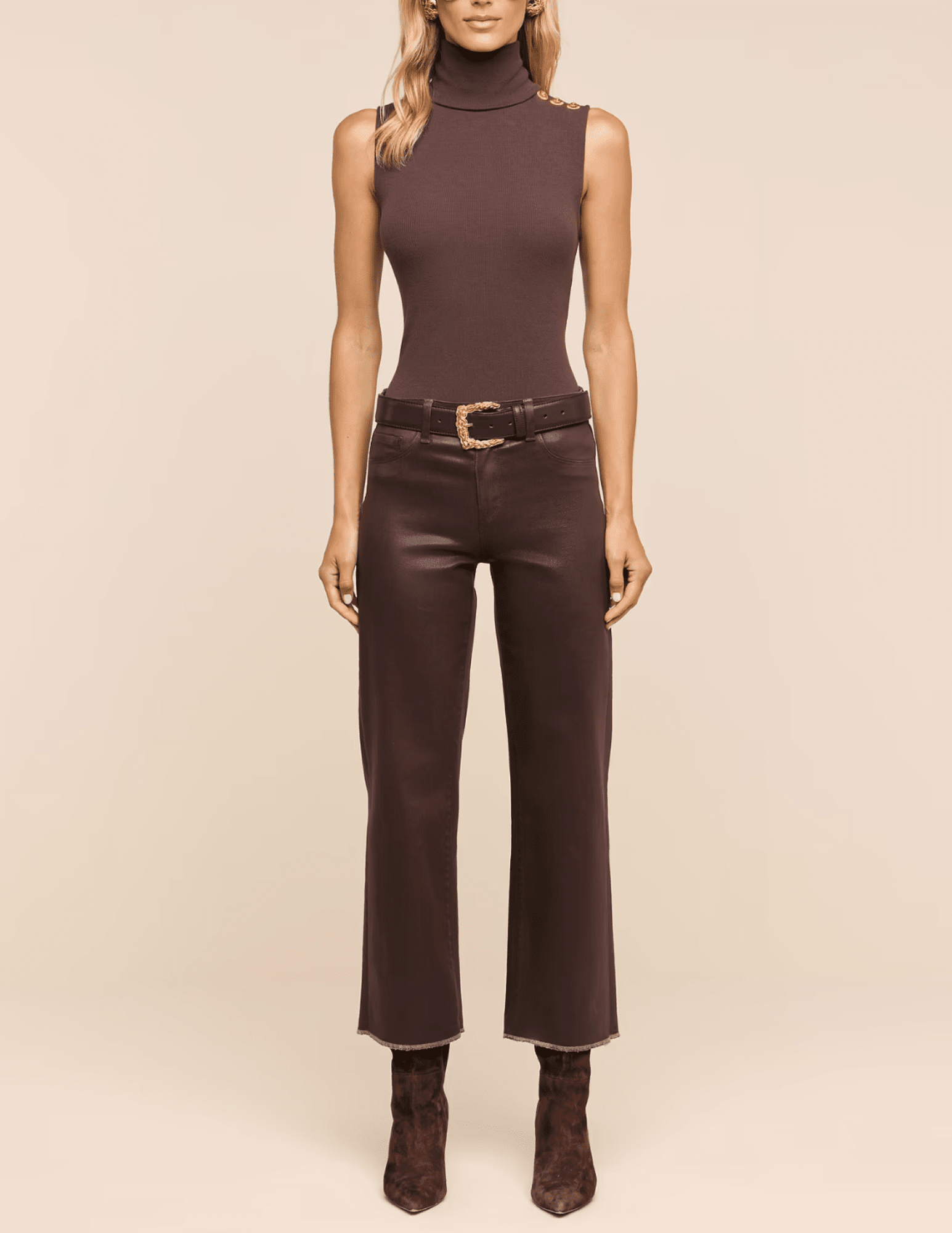 Full body view of L'AGENCE Ceci Turtleneck Tank Dark Java & Gold