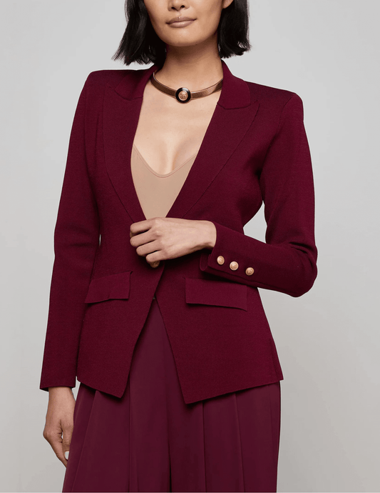 L’AGENCE Chamberlain Knit Blazer in Dark Port Gold, single-breasted front view.