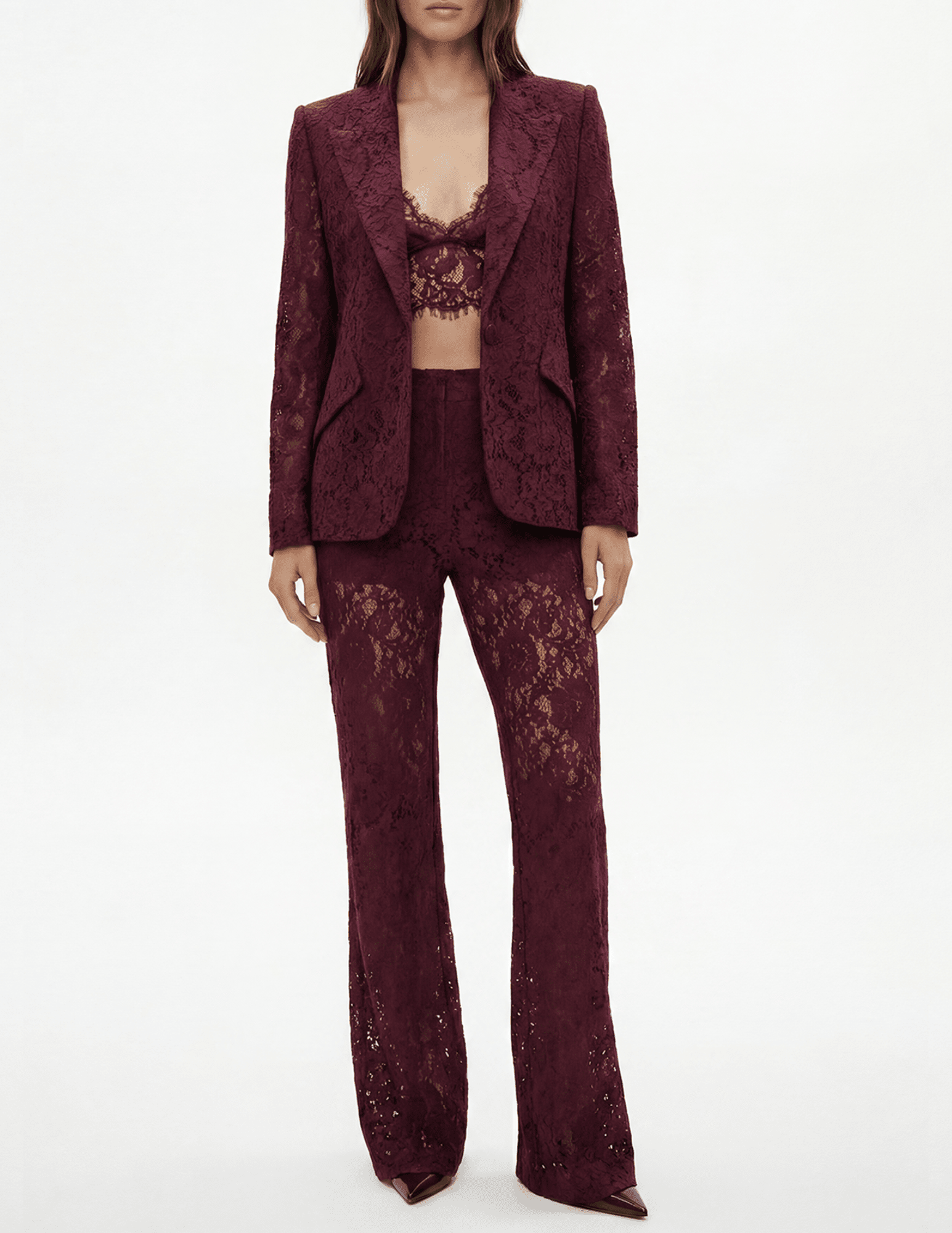 L’AGENCE Chamberlain Lace Blazer in Deep Port wiht matching pant and bralette
