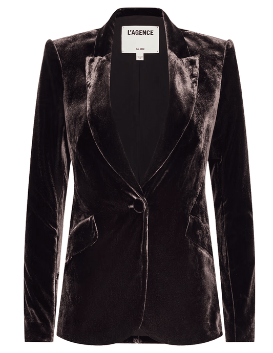 L'AGENCE Chamberlain Velvet Blazer in Dark Java with peaked lapels and single-button closure