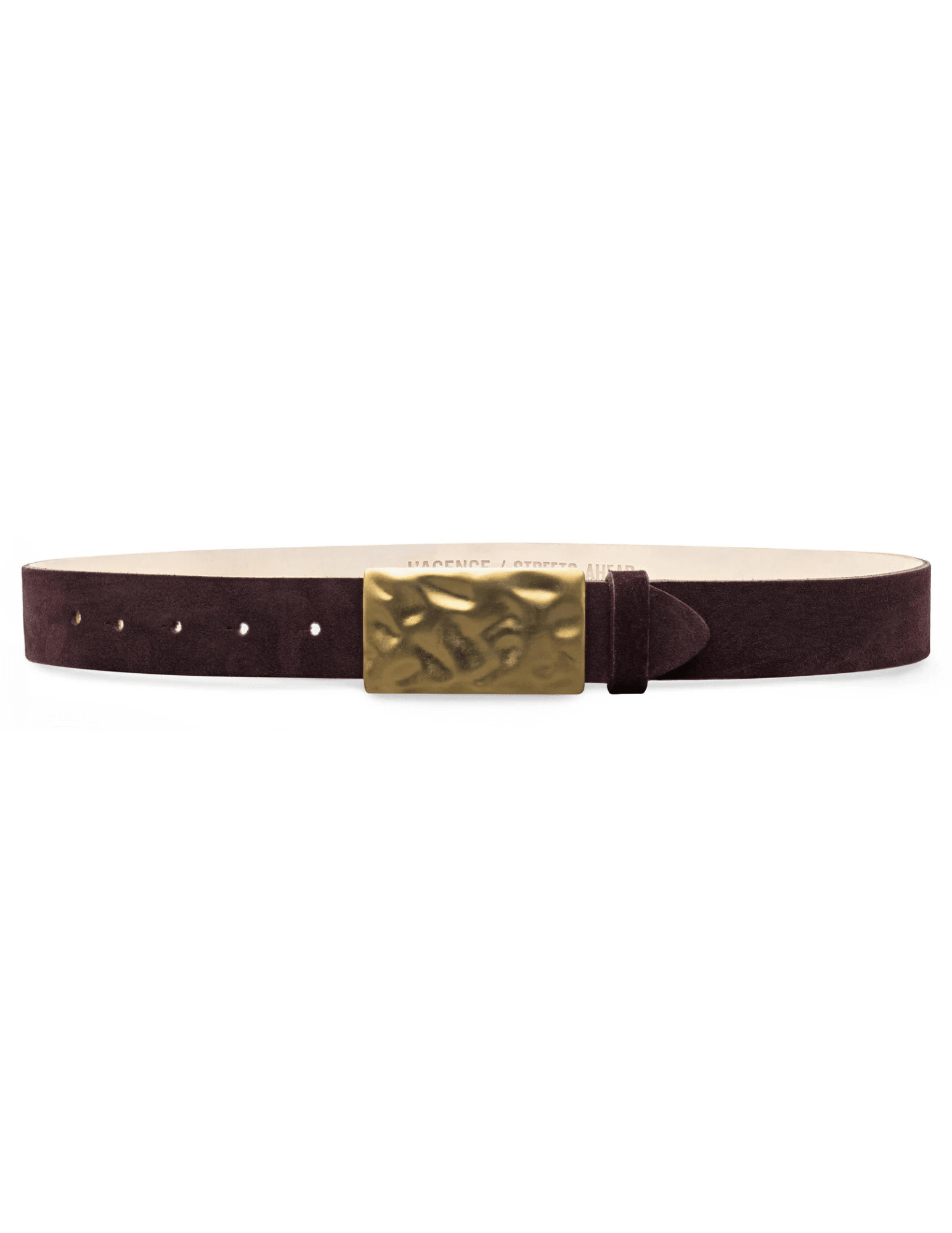 Luxury Italian suede burgundy belt with hammered gold buckle