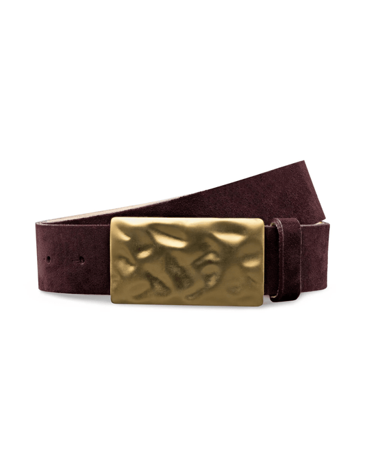 L’AGENCE Chara Suede Hammered Belt in Burgundy with gold buckle