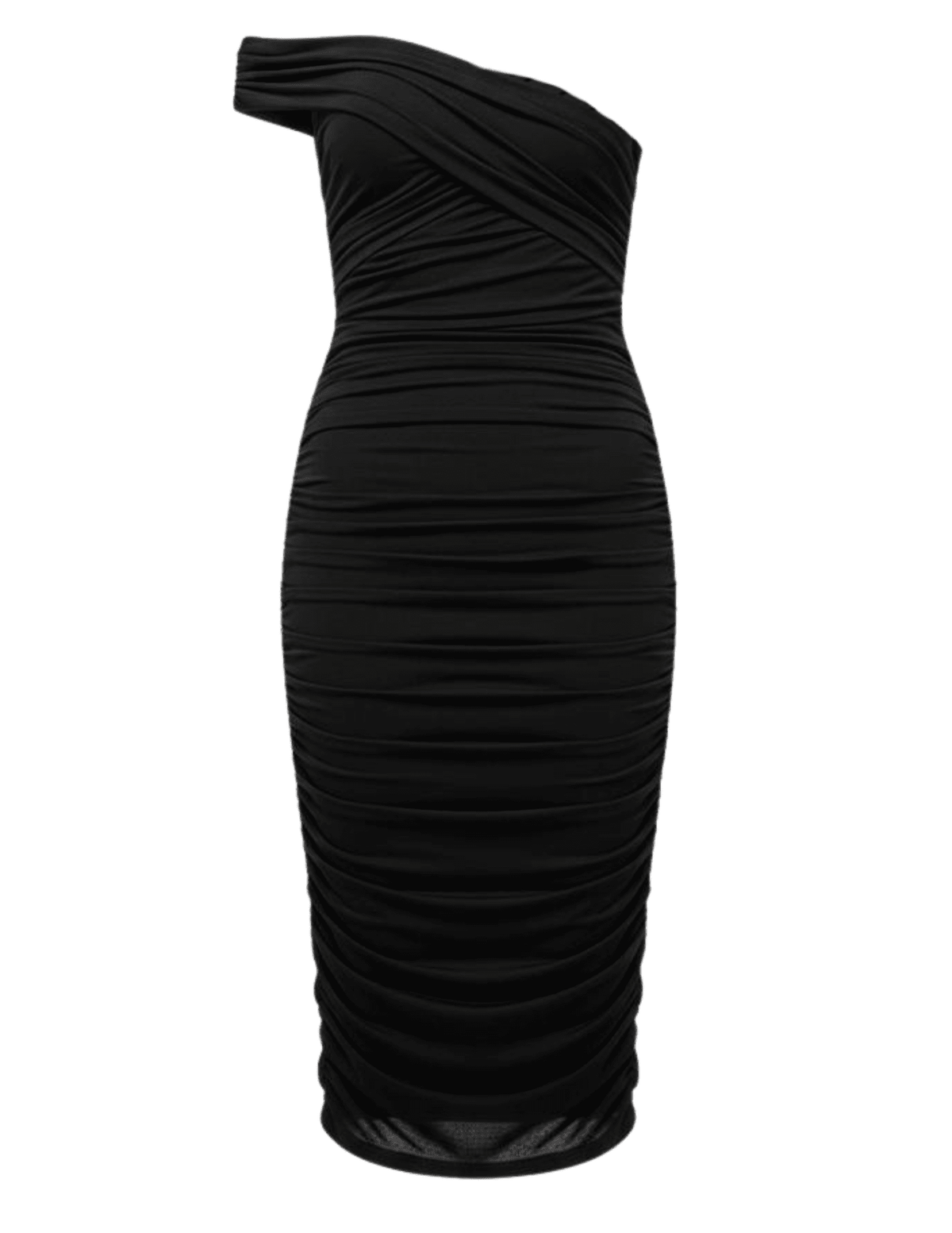 L’AGENCE Cheryl Shirred Midi Dress in Black – front view
