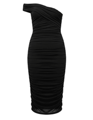 L’AGENCE Cheryl Shirred Midi Dress in Black – front view