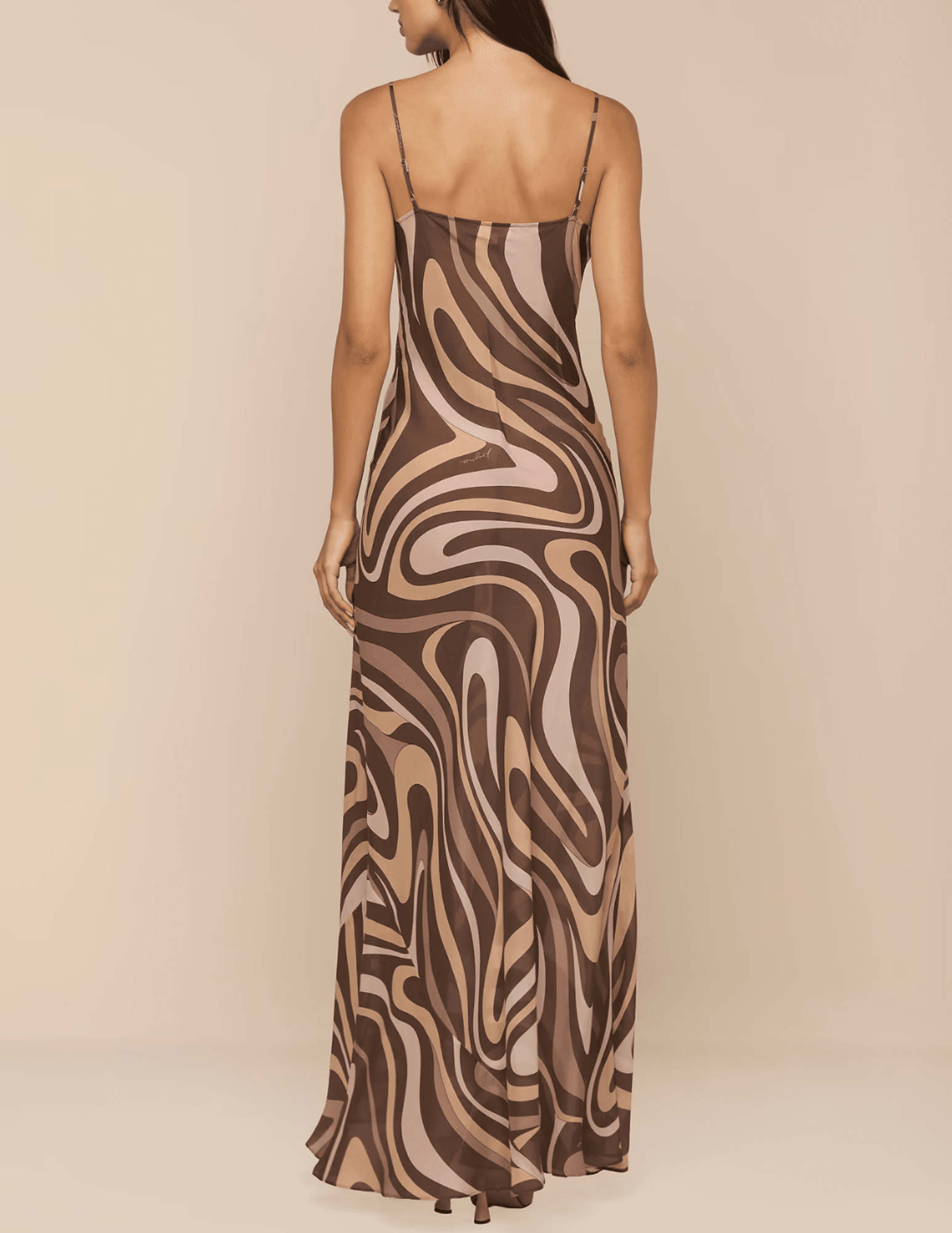 Back view of L'AGENCE Christine abstract swirl maxi dress