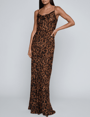 Front view L’AGENCE Christine Cowl Neck Maxi Dress in leopard-print silk.