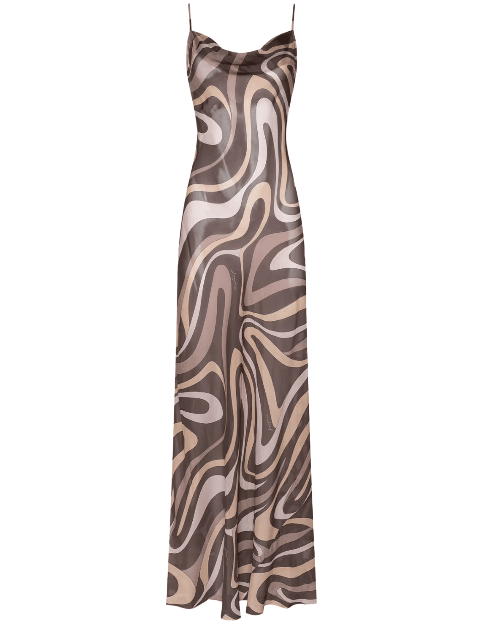 L'AGENCE Christine silk maxi dress in sepia brown abstract swirl print with cowl neckline