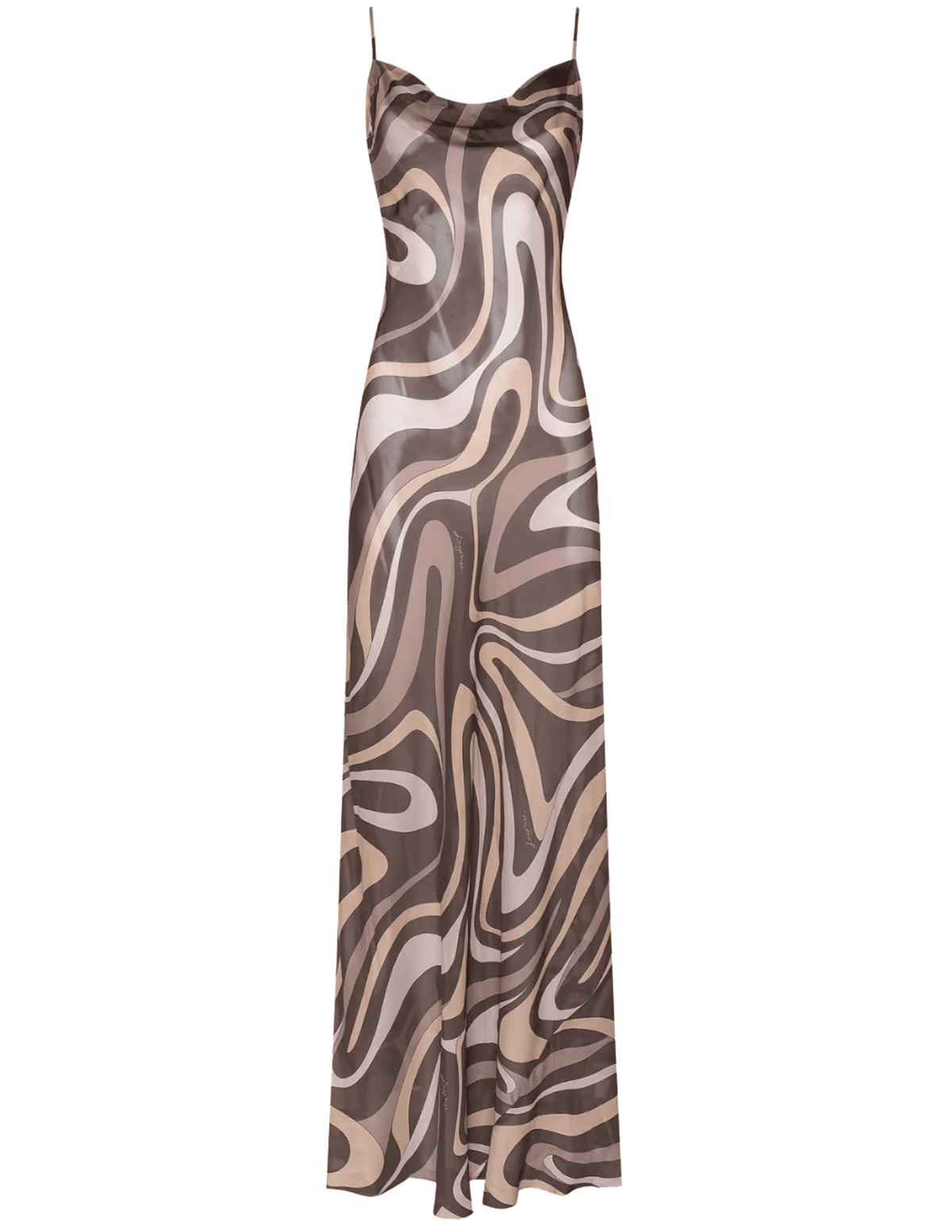 L'AGENCE Christine silk maxi dress in sepia brown abstract swirl print with cowl neckline