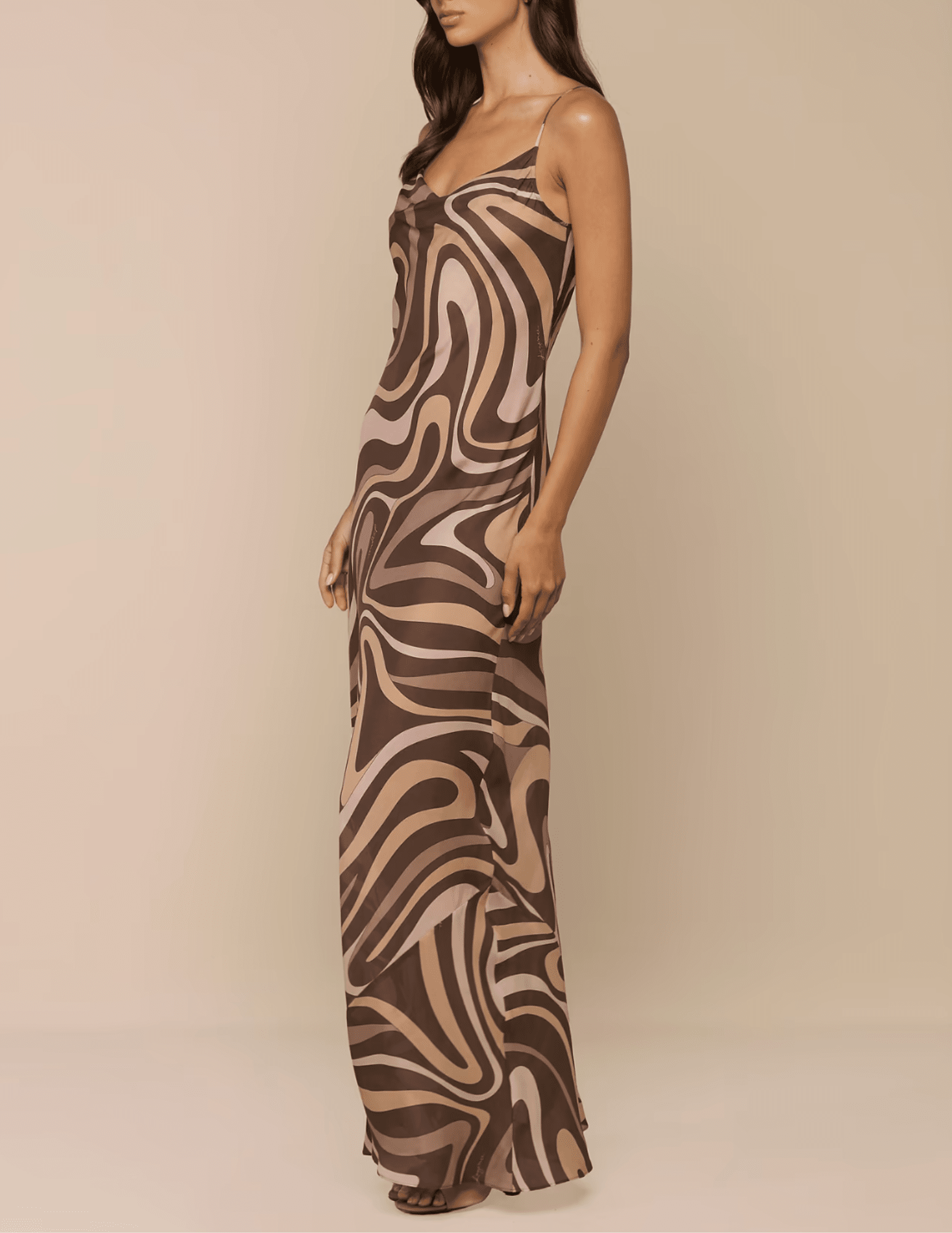 Side view of L'AGENCE Christine silk maxi dress with bias-cut silhouette