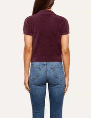 Back view of L'AGENCE Cirrus Short Sleeve Cropped Polo in Dark Plum showing the plush knit texture and cropped hem.