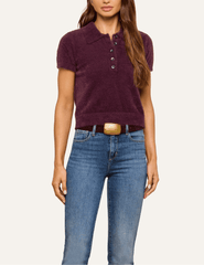 From view of L'AGENCE Cirrus Short Sleeve Cropped Polo in Dark Plum showing the plush knit texture and cropped hem.