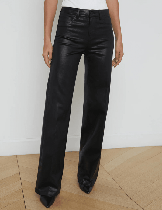 L'AGENCE Clayton high rise wide leg coated jeans in Black Coated, sleek women’s denim with a glossy finish and relaxed wide leg silhouette front model view