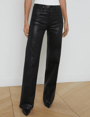 L'AGENCE Clayton high rise wide leg coated jeans in Black Coated, sleek women’s denim with a glossy finish and relaxed wide leg silhouette front model view
