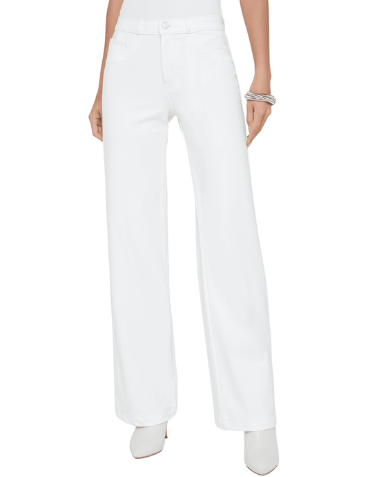 L'AGENCE Clayton high rise wide leg jeans in Ivory, women's elegant white denim with a flattering high waist and relaxed wide leg silhouette front model view