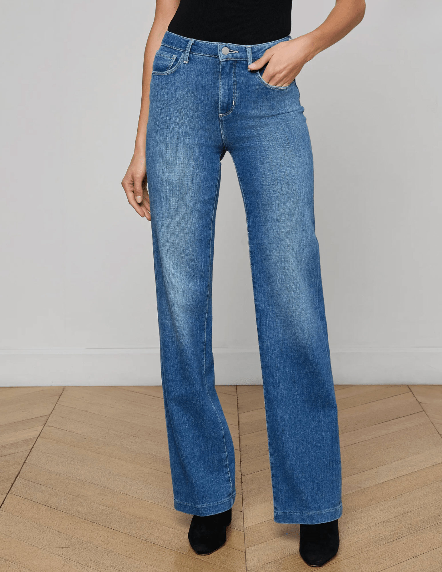 Front view of L’AGENCE Clayton wide leg jeans with contoured waistband
