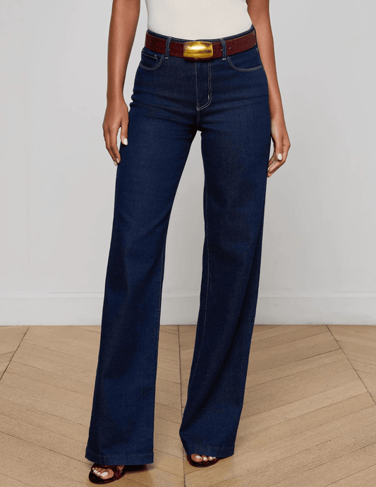 Front view of L’AGENCE Clayton Wide Leg Jeans in medium-blue Koval wash.