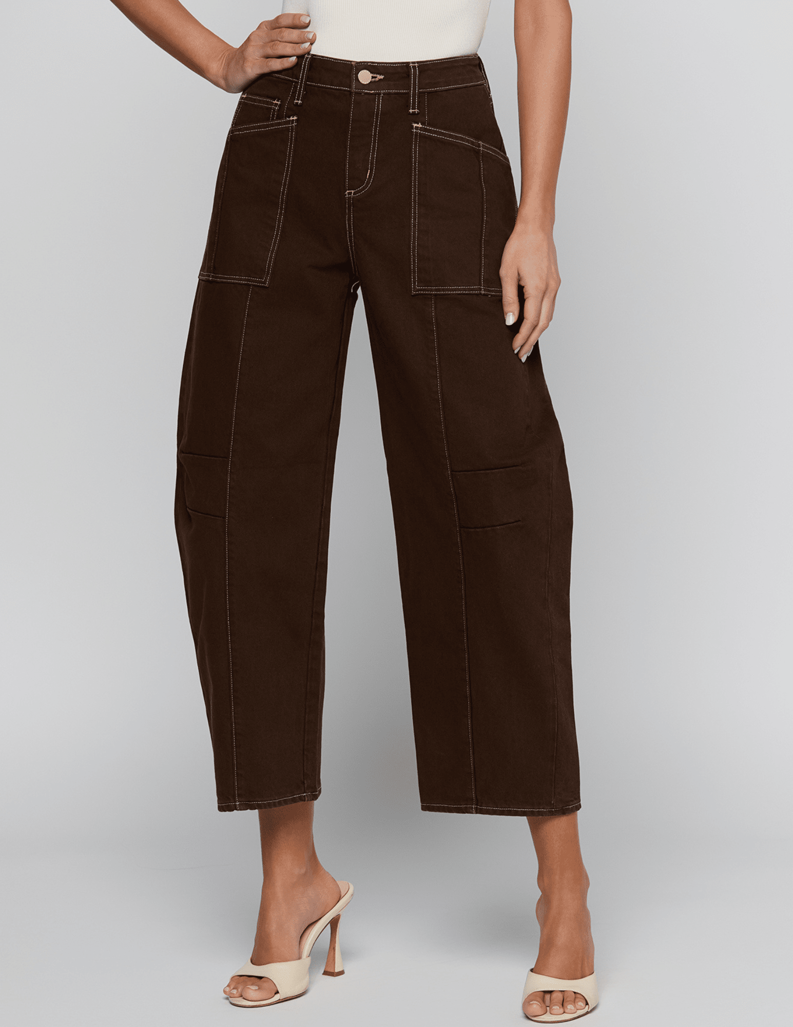 Front view of L'AGENCE Cody High Rise Barrel Jeans Brown Natural Contrast