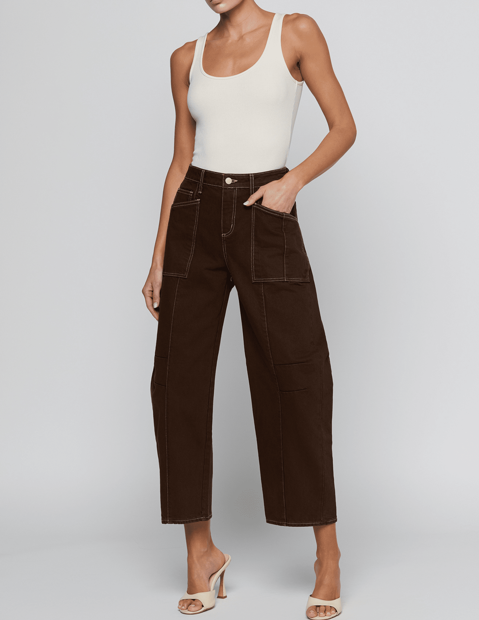 Full body view of L'AGENCE Cody High Rise Barrel Jeans Brown Natural Contrast