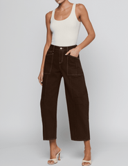 Full body view of L'AGENCE Cody High Rise Barrel Jeans Brown Natural Contrast