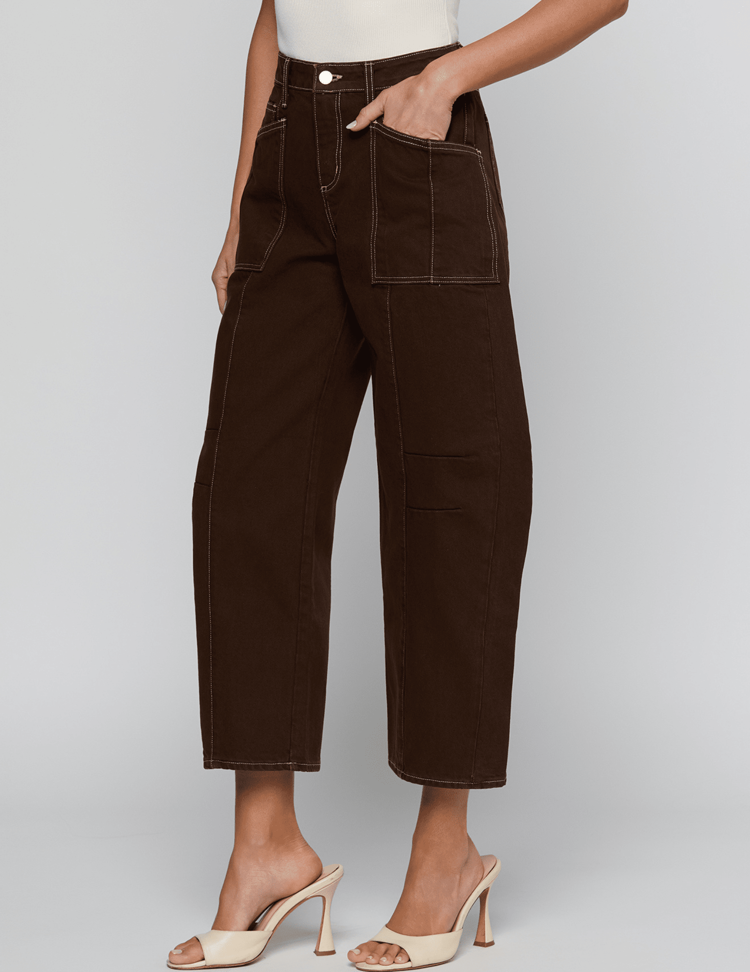 Side view of L'AGENCE Cody High Rise Barrel Jeans Brown Natural Contrast