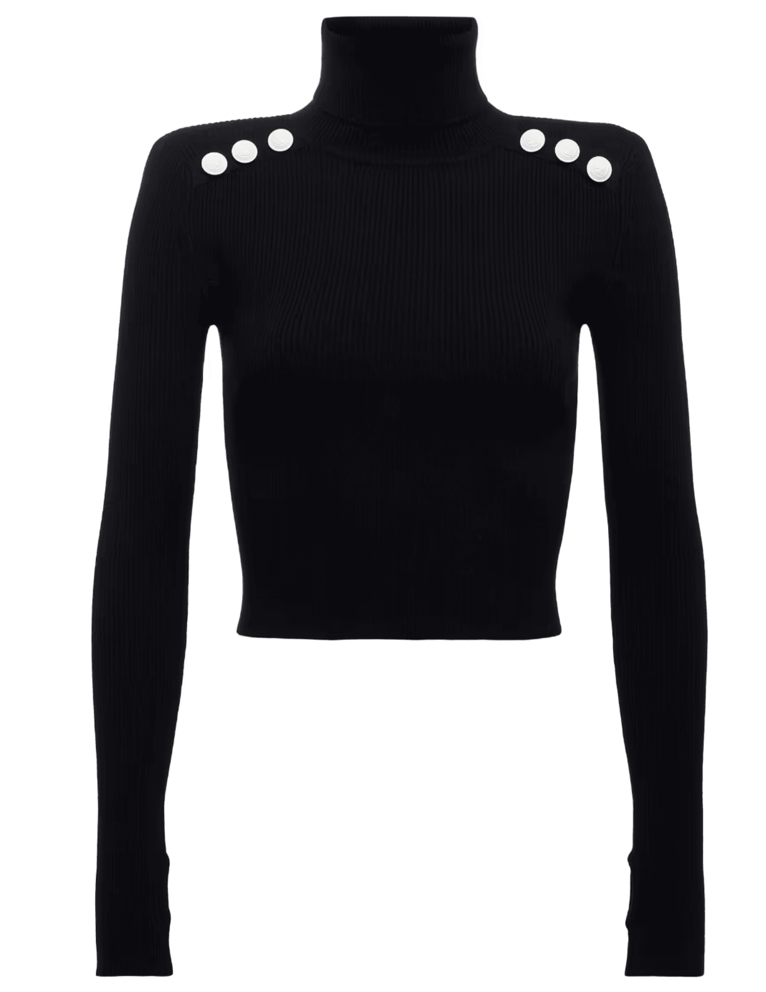 L’AGENCE Colette Crop Turtleneck in Black and White – front view of ribbed cropped turtleneck with shoulder pads and crest buttons.