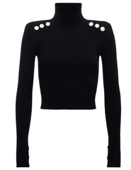L’AGENCE Colette Crop Turtleneck in Black and White – front view of ribbed cropped turtleneck with shoulder pads and crest buttons.