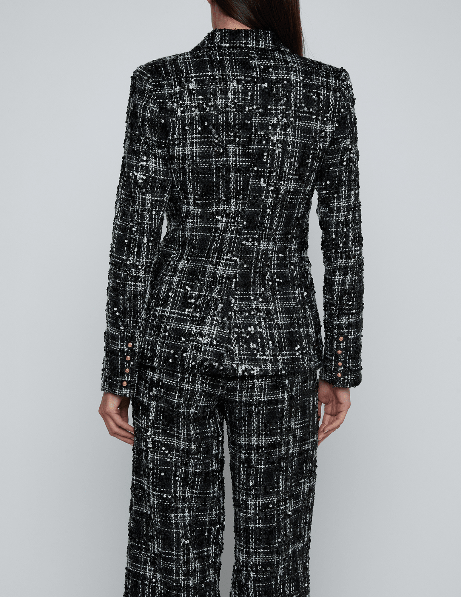 Back view of L’AGENCE Colin Tweed Double Breasted Blazer in black ivory.