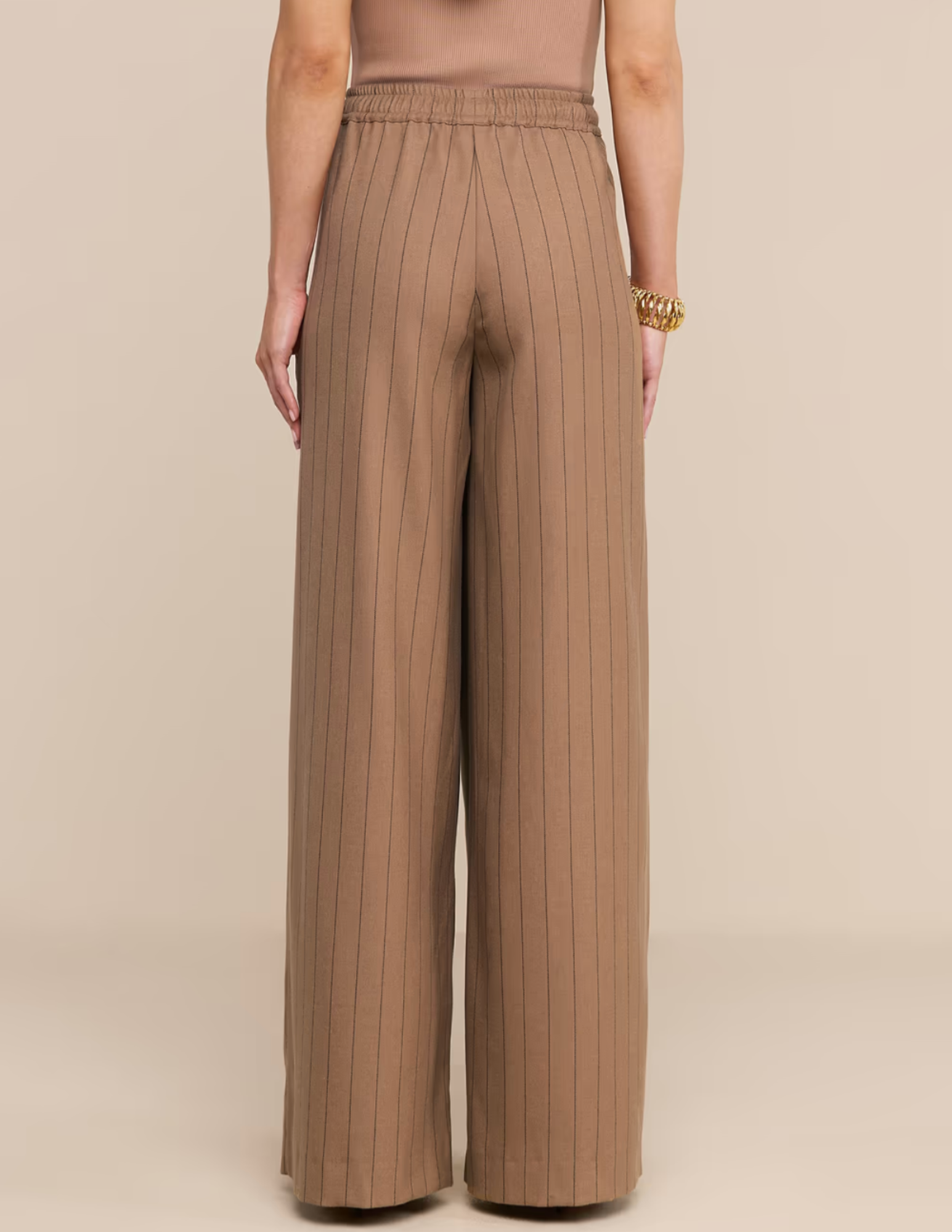 Back view of L'AGENCE Connie Drawstring Trouser in Mocha Tan Brown Pinstripe