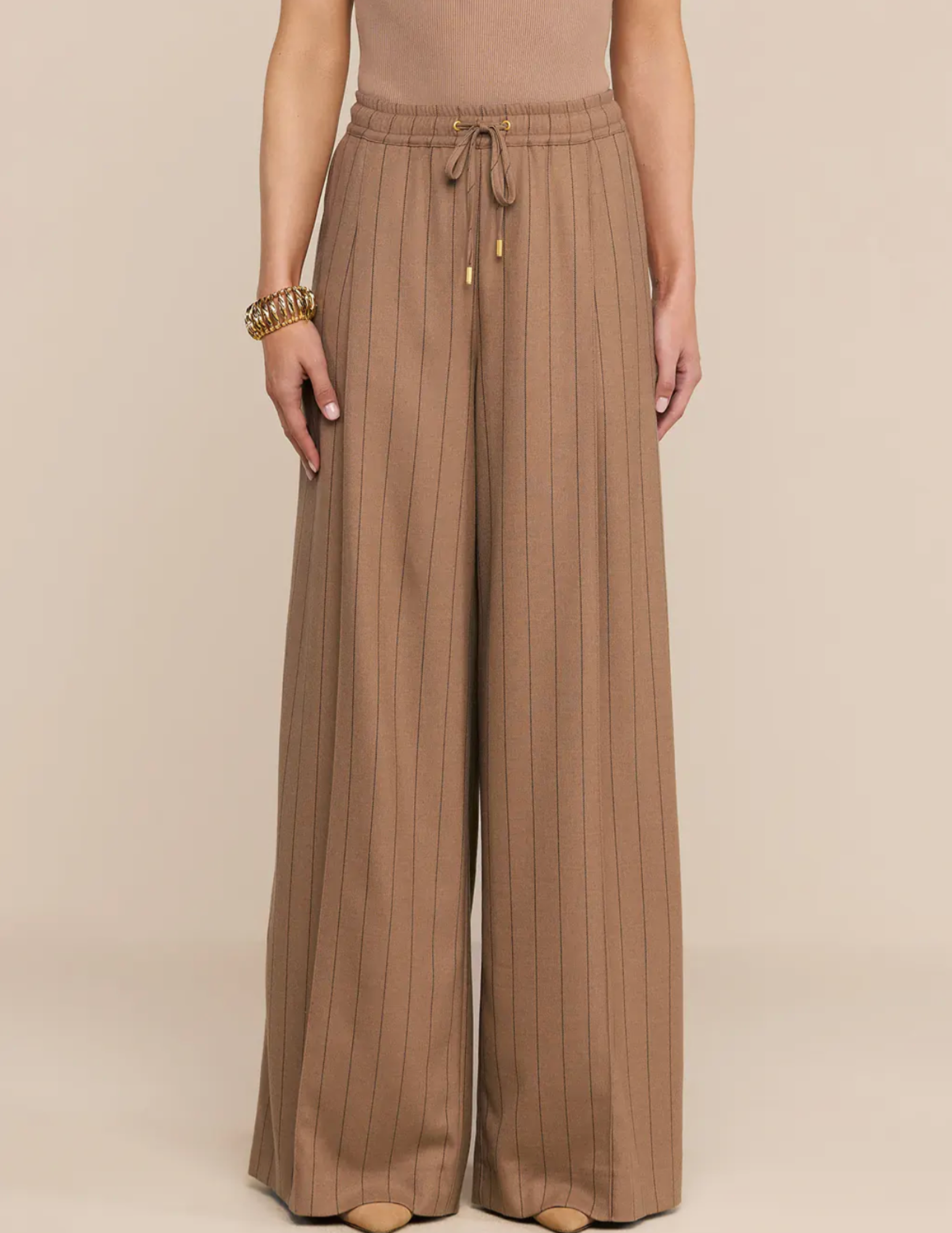 Front view of L'AGENCE Connie Drawstring Trouser in Mocha Tan Brown Pinstripe