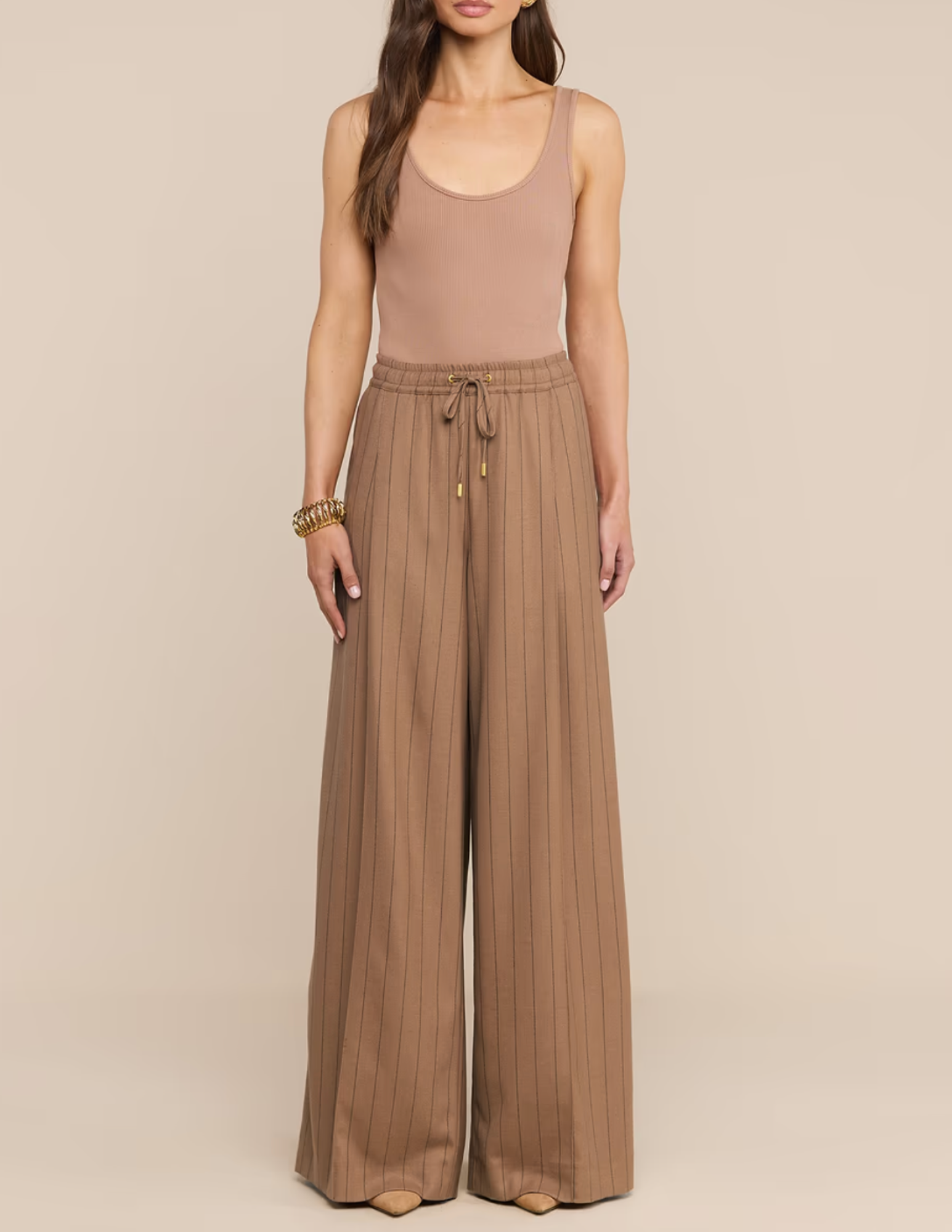L'AGENCE Connie Drawstring Trouser in Mocha Tan Brown Pinstripe on model