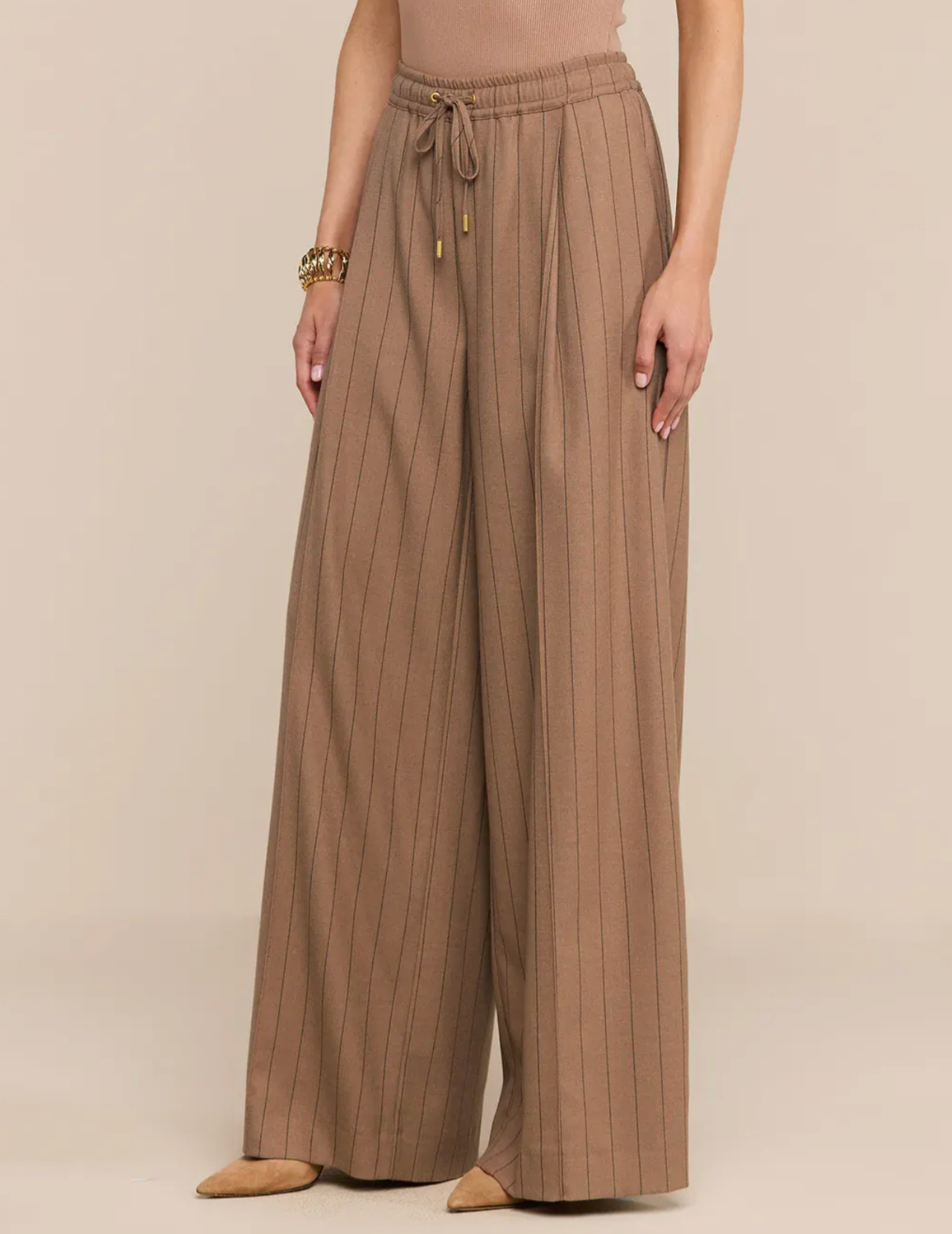 Side view of L'AGENCE Connie Drawstring Trouser in Mocha Tan Brown Pinstripe