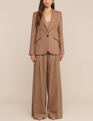 L'AGENCE Connie Drawstring Trouser in Mocha Tan Brown Pinstripe with matching blazer