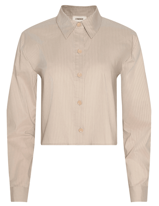 L’AGENCE Cosette cropped high-low blouse in macadamia light brown stripe